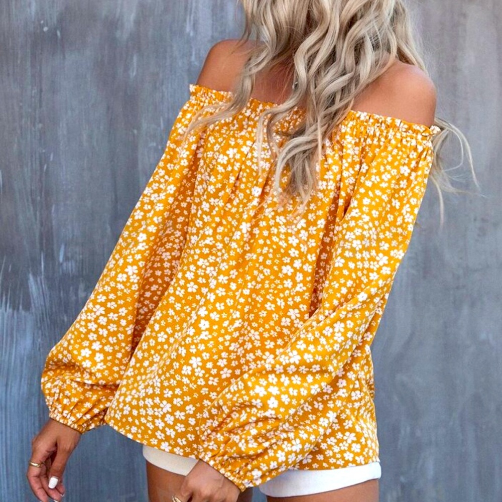 ☀️BNWOT Floral Print Frill Trim Off Shoulder Lantern Sleeve Blouse!